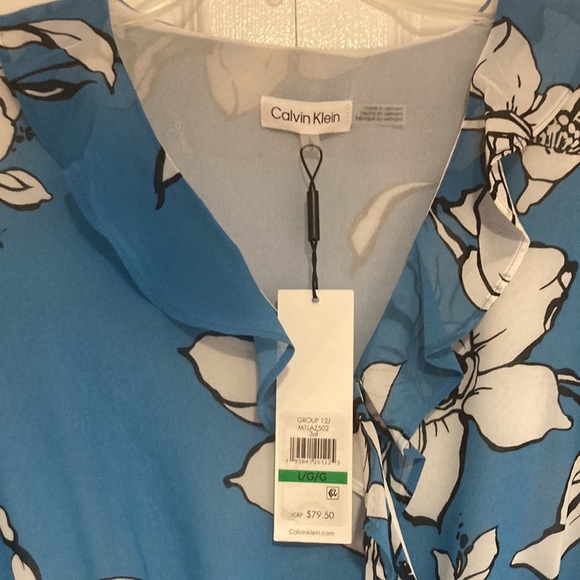 Calvin Klein Floral Print Chiffon Ruffle Trim V-Neck Long Sheer Sleeve Top, - Picture 5 of 11